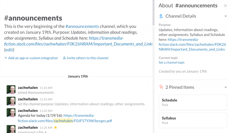 The '#announcements' channel for my Transmedia Fiction class. Screenshot of Slack Channel